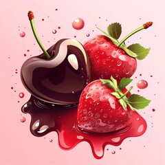 Sweet cherries and strawberries rest on a smooth surface with juice trailing in a soft setting