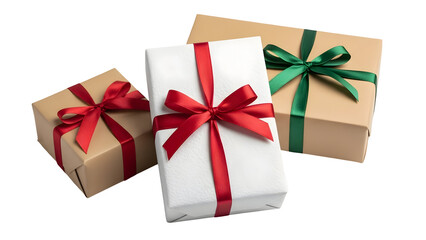 Obraz premium Minimalist Gift Boxes with Red and Green Ribbons on White Background