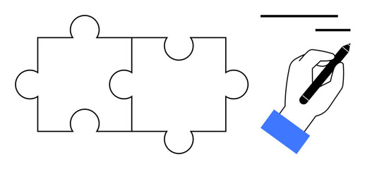 Problem-solving, teamwork, creativity, strategy, planning, education. Two interlocking puzzle pieces and a hand holding a pen. Problem-solving and teamwork through the puzzle and pen imagery