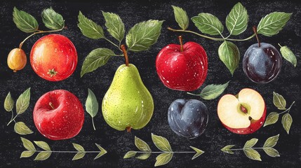 Colors of fruit arranged on a dark background representing apples, pears, and plums with leaves beside them