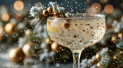 A silver cocktail glass suspended in the center of a deconstructed wreath. The wreath consists of floating pine branches, gold ribbons, and gold spheres. Silver star confetti sprinkling down