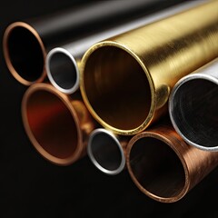 Metal tubes, pipes with varying metallic colors on a dark background