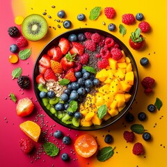 Colorful bowl of fresh fruit and mint placed on a bright yellow and red background during daytime