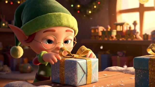 3D Animated Christmas Elf with Glasses Tying a Golden Bow on a Sparkling Gift Box, Set in a Warmly Lit Workshop with Falling Snow and Festive Decorations