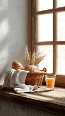 Wooden window sill with bread basket and juice glass