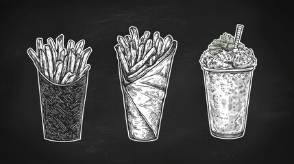 Different types of French fries and a dessert drink on a black background