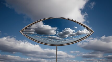 Eye-shaped mirror reflecting a cloudy blue sky. Distortion of reality and perception. Abstract artistic concept for modern design.