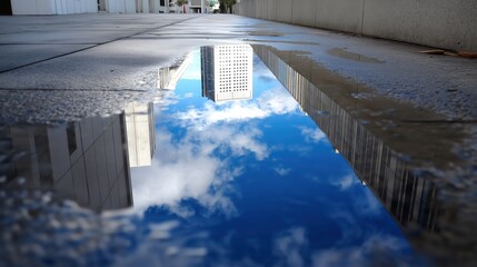 Urban puddle reflects cloudy blue sky and modern city building. Abstract mirror reflection on wet ground. Concept of urban beauty.