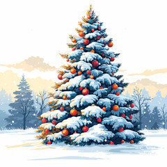 Vector illustration of a snow covered Christmas tree with festive ornaments
