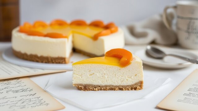 Slice of apricot cheesecake on a white napkin with the rest of the cake in the background, served with old handwritten notes on a light surface
