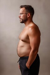 Fototapeta premium Side view of young caucasian male with glasses and beard in black shorts