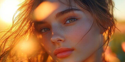 Beautiful model enjoying golden hour sunlight in spring landscape