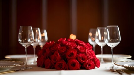 Romantic dinner table setting with a centerpiece of red roses and wine glasses