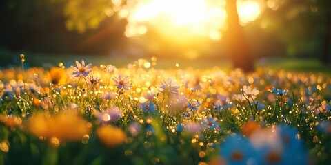 Beautiful wildflowers blooming in spring meadow during golden hour sunset
