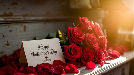 A happy valentine's day gift card with a beautiful bouquet of red roses