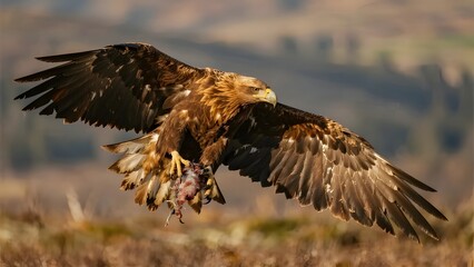 A magnificent golden eagle soars through the air, carrying its freshly caught prey