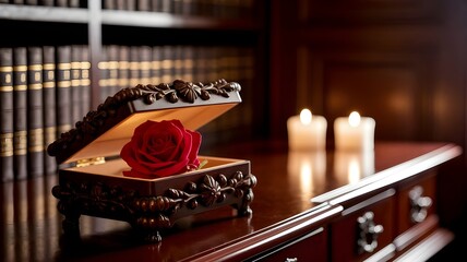A single red rose rests inside an open ornate jewelry box in a romantic setting.
