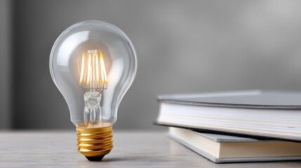 Emanating warm light, a glowing bulb stands next to stacks of open books on a minimalist desk, creating a calming atmosphere for learning and reflection