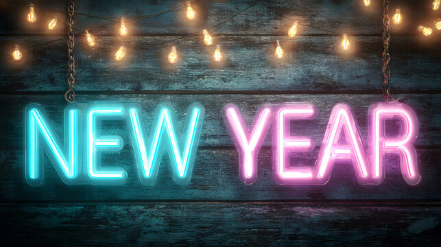 New Year Neon Sign Glowing on Dark Wood Background with Fairy Lights - Powered by Adobe
