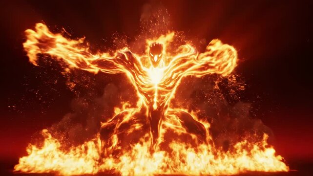 Fiery figure with outstretched arms surrounded by flames