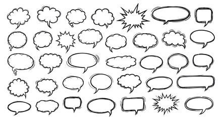 Fototapeta premium Large collection of diverse hand-drawn comic speech bubbles and thought clouds in various shapes for graphic design projects.