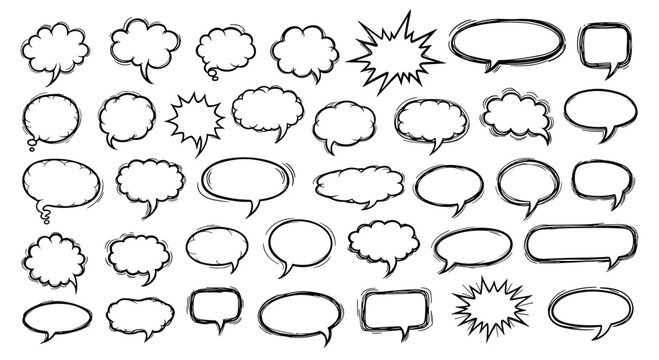 Large collection of diverse hand-drawn comic speech bubbles and thought clouds in various shapes for graphic design projects.