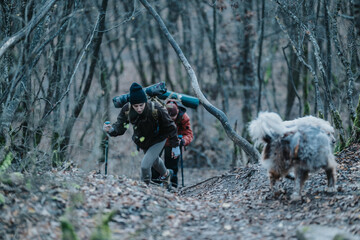 Two women hike through a leaf littered forest trail with backpacks and dogs. They ascend a winding path in the woods with their dogs along.