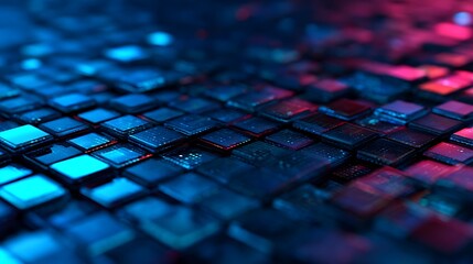 A vibrant close-up of microchips arranged in a grid, showcasing intricate details and a striking blue and red color scheme.