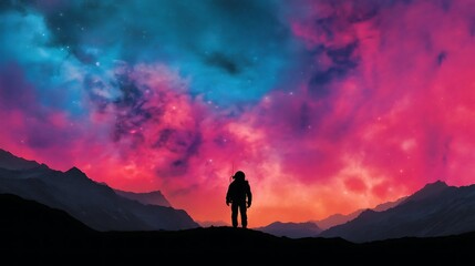 Obraz premium A silhouette of an astronaut stands against a vibrant cosmic backdrop, featuring swirling colors of pink, blue, and purple amidst mountain silhouettes.