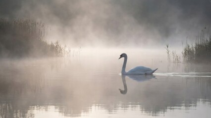 Serene White Swan Glides Through Misty Lake at Dawn Soft Light Reflects on Calm Water