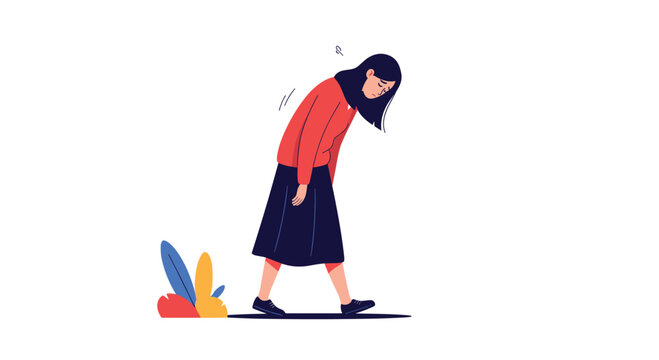 Sad young woman with long dark hair walking slowly with slumped shoulders and a depressed expression after a difficult day.