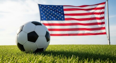 Naklejka premium Classic soccer ball rests on green grass with american flag waving in the background