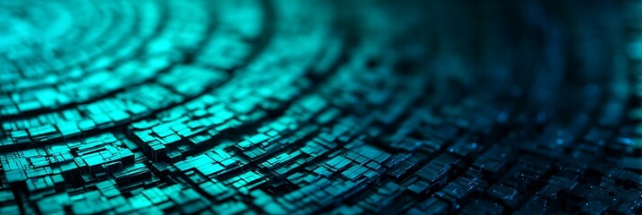 A close-up view of intricate geometric patterns in shades of blue and green, reminiscent of digital circuits or abstract technology.