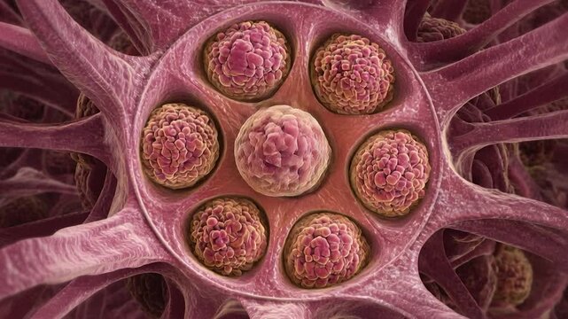 Detailed cell biology science micrograph and microscopic structure of organic organism cluster, anatomy and organic tissue pattern texture, 3D abstract biology cell circle closeup color digital