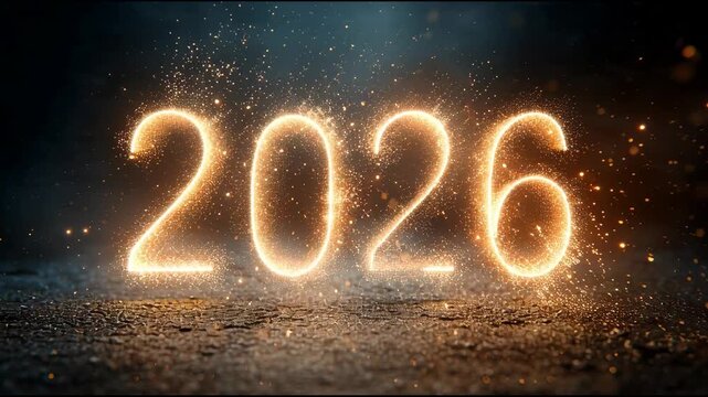 Glowing and sparkling numbers forming the year 2026 with festive glitter background.