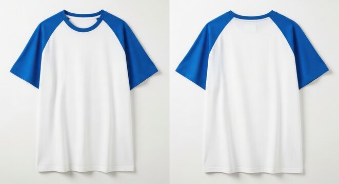Blank white and royal blue raglan sleeve t shirt mockup front and back view