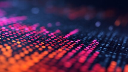 A vibrant, abstract image featuring colorful dots arranged in a pattern, creating a dynamic visual effect against a dark background.