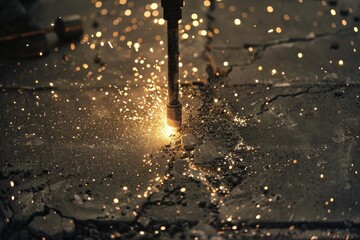 Plasma cutting torch generating sparks while cutting through metal surface