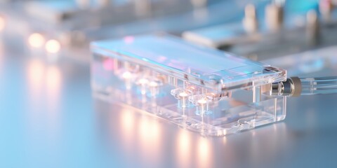 Clear device lies on table in laboratory environment during scientific research at evening