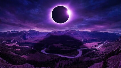 Total Solar Eclipse Over a Purple Mountainous Landscape at Dusk With a Winding River Below