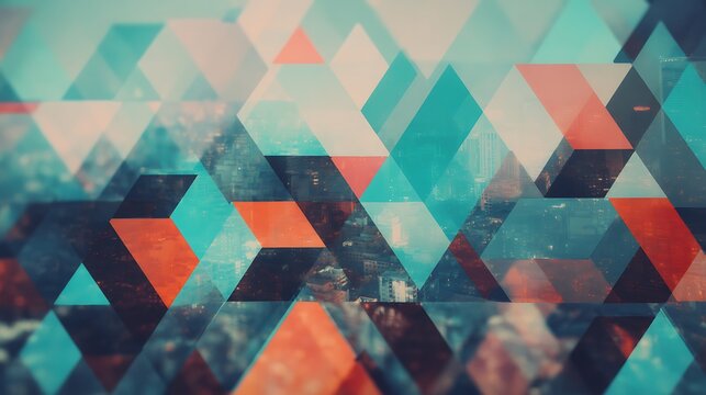 A vibrant geometric pattern featuring colorful triangles overlaying a cityscape, creating a modern abstract design. - Powered by Adobe