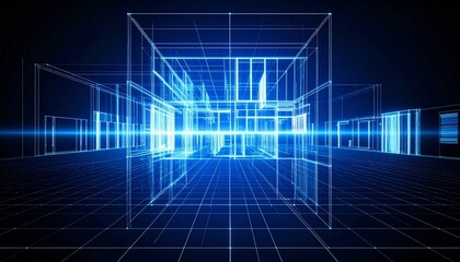 Glowing blue wireframe building model on dark background