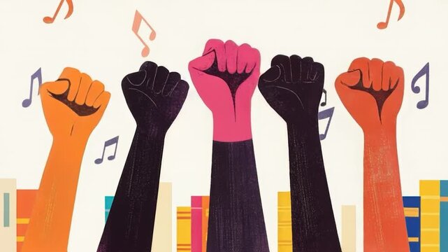 Colorful illustration of diverse hand raised fist protest for unity equality empowerment and activism with music note celebrating community solidarity diversity and colorful empowerment