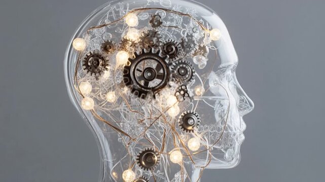 Transparent head brain cog gear light bulb wire technology innovation concept, artificial intelligence glass human profile with metal gear cog mechanism, neural network future mind digital thinking