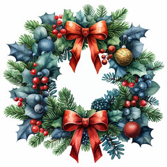 Christmas Wreath Vector with Red Bows and Berries - Holiday Decoration