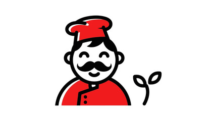 Fototapeta premium A cartoon chef with a mustache and a red hat, next to a small green sprout.