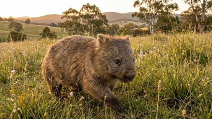 Wombat Walking Through Grassy Field During Golden Hour Sunset in Rural Landscape