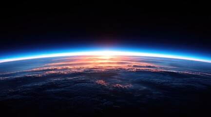 Sunrise view from space, atmospheric glow, blue curvature
