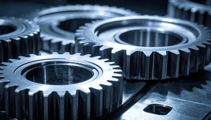 Close-up of metallic gears showcasing intricate details and reflections, emphasizing precision engineering and mechanical design.