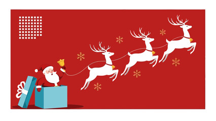 Santa Claus emerging from a gift box, pulled by reindeer across a red background with snowflakes.